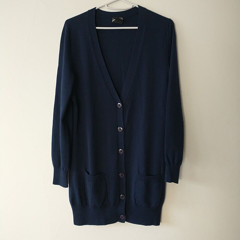 Lord&Taylor Cardigan Sweater Womens S Blue Merino Wool V Neck Pocket Long Line